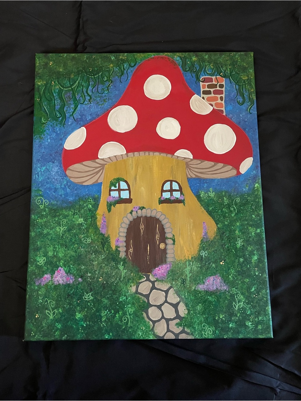 Hand Painted Whimsical Red Mushroom House Canvas Wall Art